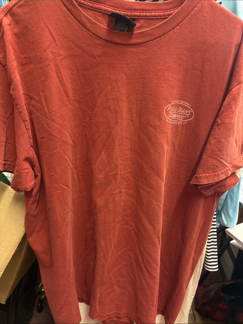 Polo Jeans Co. Men's Distressed Brick Red Short-Sleeve Tee * small callout*